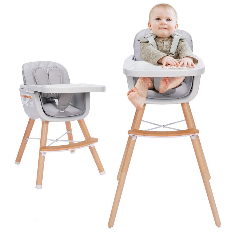 Photo 1 of 3-in-1 Wooden High Chair,Baby High Chair with Adjustable Legs & Dishwasher Safe Tray, Made of Sleek Hardwood & Premium Leatherette, Classic Grey
