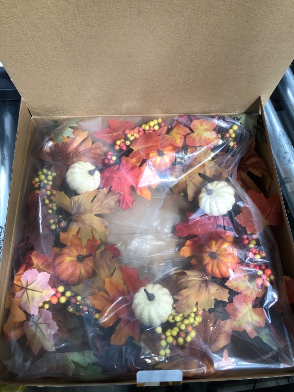 Photo 2 of 18" Artificial Maple Leaves Fall Wreath Autumn Wreath with Colorful Maple Leaves Pumpkin Pine Cone and Berries, Harvest Wreath for Front Door Table Wall and Thanksgiving Decoration
