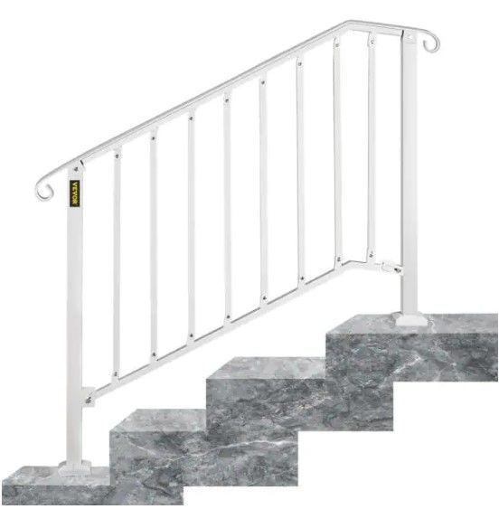 Photo 1 of 3 ft. Handrails for Outdoor Steps Fit 3 or 4 Steps Outdoor Stair Railing Wrought Iron Handrail with baluster, White
