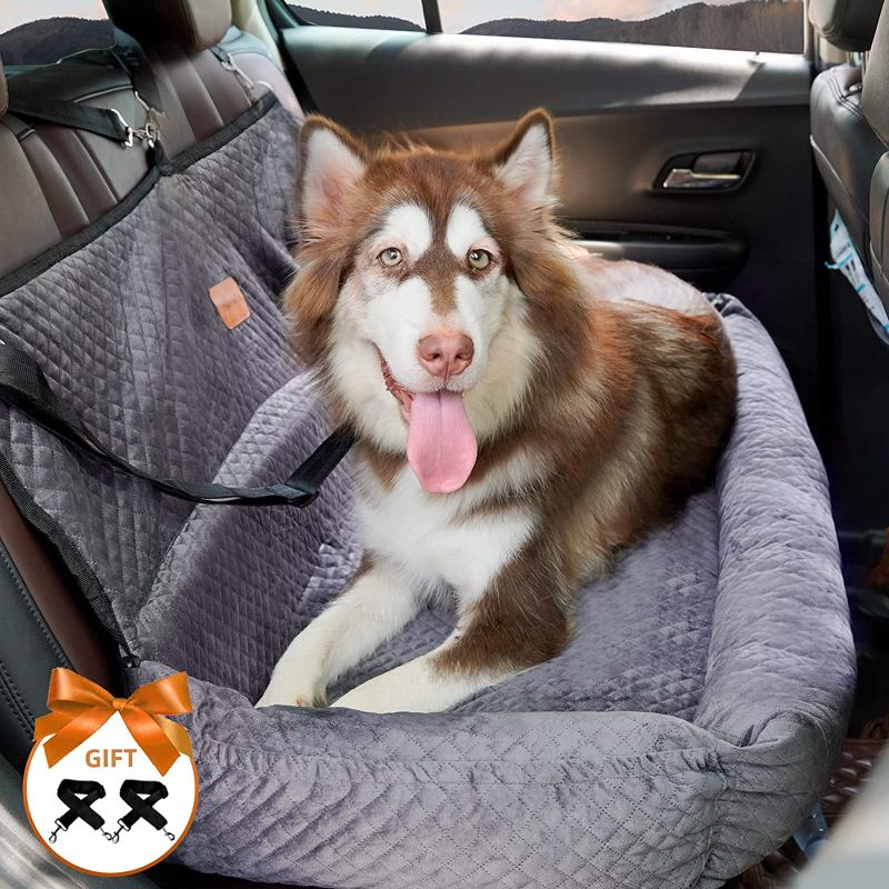 Photo 1 of Dog Car Seat for Back Seat Pet Booster Seat Travel Puppy Bed with Safety Belt Backseat Protector for Large/Medium/Small Dogs,Removable Washable Cover, Storage Pockets,Fits Cars/Trucks/SUVs
