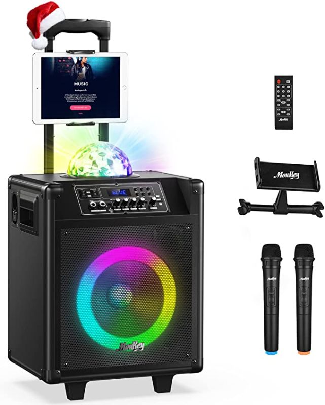 Photo 1 of Moukey Karaoke Machine, 10'' Big Subwoofer, Portable Bluetooth Speaker with 2 Wireless Microphones, 2 Disco Lights, Tablet Holder & Echo/Treble/Bass Adjustment, Supports TWS/REC/AUX IN/MP3/USB/TF/FM