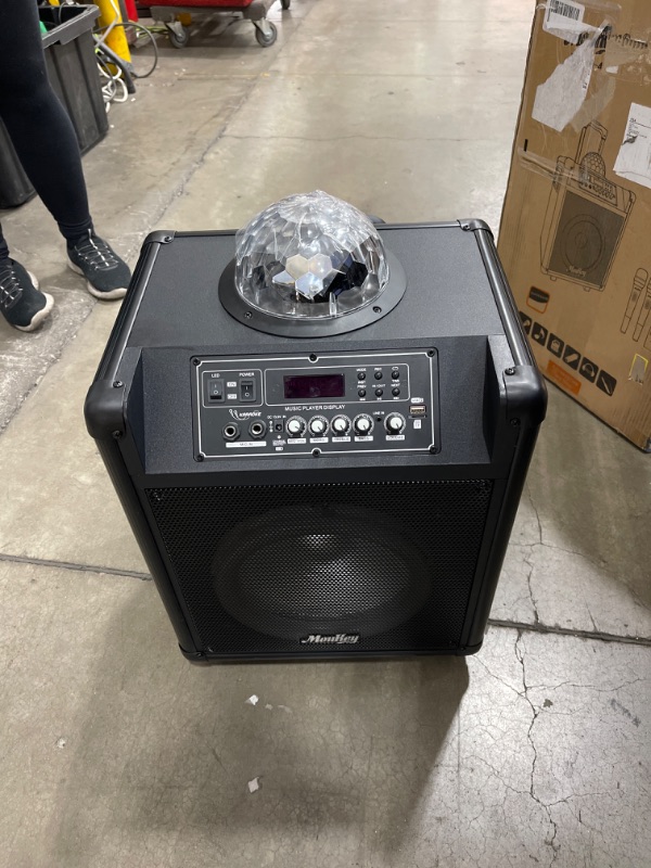 Photo 3 of Moukey Karaoke Machine, 10'' Big Subwoofer, Portable Bluetooth Speaker with 2 Wireless Microphones, 2 Disco Lights, Tablet Holder & Echo/Treble/Bass Adjustment, Supports TWS/REC/AUX IN/MP3/USB/TF/FM