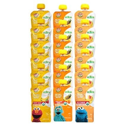 Photo 1 of BBD ;  07/2023-Earth's Best Organic Kids Snacks, Sesame Street Toddler Snacks, Organic Fruit Yogurt Smoothie for Toddlers 2 Years and Older, Banana Smoothie Variety Pack, 4.2 oz Resealable Pouch (Pack of 18)
