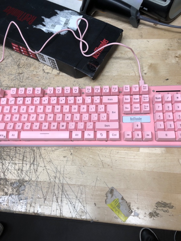 Photo 2 of RedThunder K10 Wireless Gaming Keyboard, Rechargeable 3000mAh 2.4G LED Backlit Wireless Keyboard, Ergonomic Keyboard with Mechanical Feeling Keys for PC PS4 Xbox One Mac, Teclado Gamer, Pink