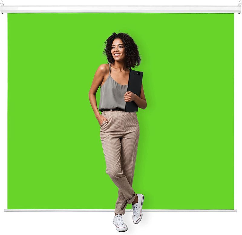 Photo 1 of KHOMO GEAR Green Screen 84 x 84 inch - Extra Large Pull Down Projector Green Screen Backdrop - Durable Height-Adjustable - Multiple Hanging Options - Portable Collapsible Roll Down Projector Screen
