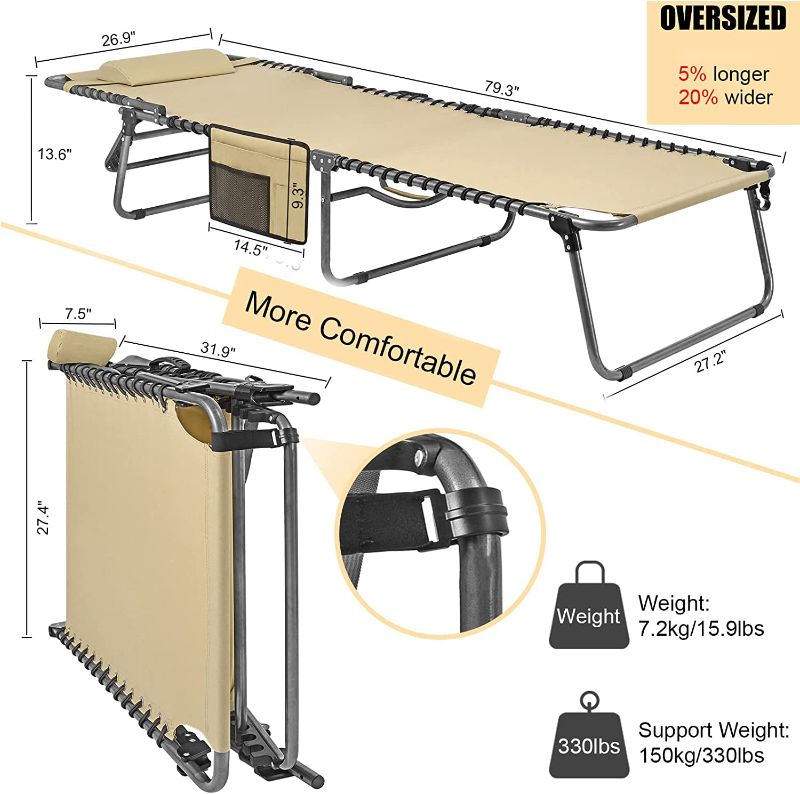 Photo 1 of Oversized Heavy Duty Folding Chaise Lounge Chair for Outdoor Beach Patio Pool Lawn Sunbathing Sun Tanning Adjustable 5-Position Lay Flat Portable Trifold Camping Reclining Chairs for Outside Deck
