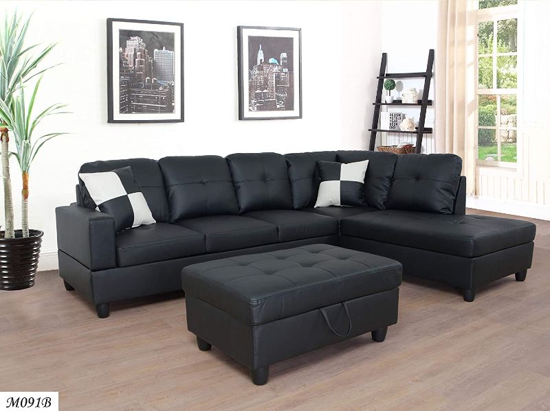 Photo 1 of **INCOMPLETE BOX ONE OF TWO** 3 PC Sectional Sofa Set, (Black) Faux Leather Right -Facing Chaise with Free Storage Ottoman
