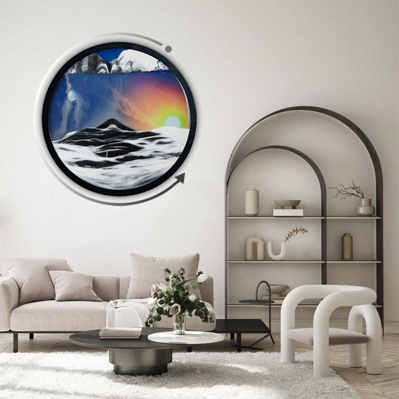 Photo 1 of 17'' Round Wall Art, 360° Rotate Glass Wall Sculptures 3D Moving Sand Art, Sturdy Tempered Glass Black Solid Wood Frame, Great for Home Hotel Decoration
