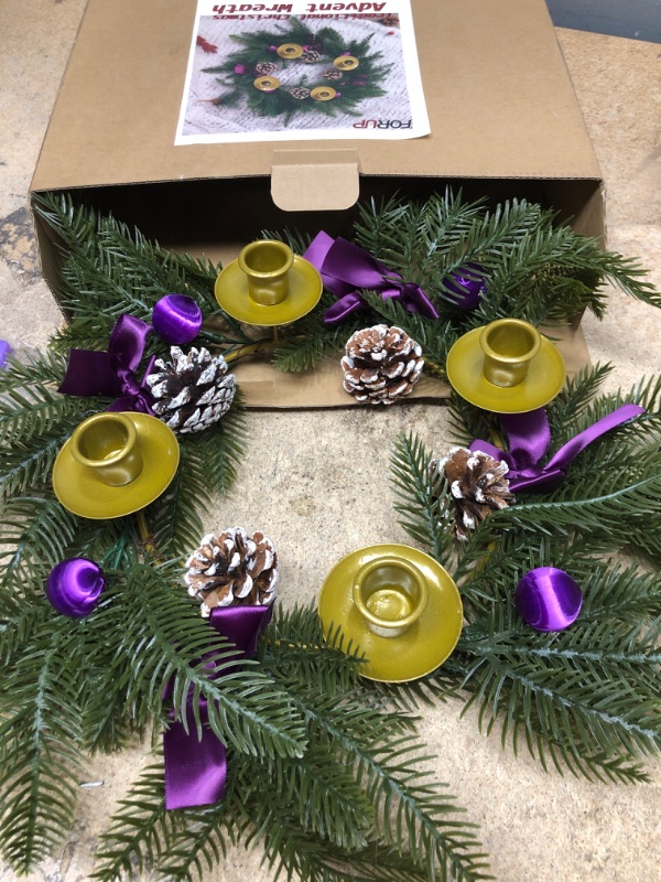 Photo 2 of 19" Traditional Christmas Advent Wreath, Purple Ribbon Advent Wreaths, Christmas Centerpiece Decorations, Advent Candle Holder Wreath and X-mas Candles Decorations