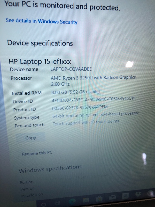 Photo 7 of HP 15.6" Touchscreen Laptop w/Windows 10 S Mode, Natural Silver (15-ef1041nr) AMD RYZEN 3 3250U 8 GB GDDR4 256 GB PCIe NVMe M.2 SSD
