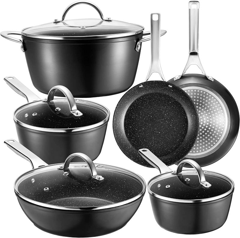 Photo 1 of **** SHIIPING DAMAGE ****
Pots and Pans Set Nonstick, Fadware Cookware Sets 10-piece for All Cooktops, Induction Compatible Cookware Dishwasher Safe, Cooking Pans with Lids, Black
