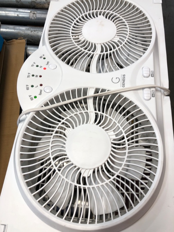 Photo 2 of **** DOES NOT FUNCTION **** ***PARTS ONLY***
Genesis Twin Fan High Velocity Reversible AirFlow Fan, LED Indicator Lights Adjustable Thermostat & Max Cool Technology, ETL Certified, White (A1WINDOWFAN)