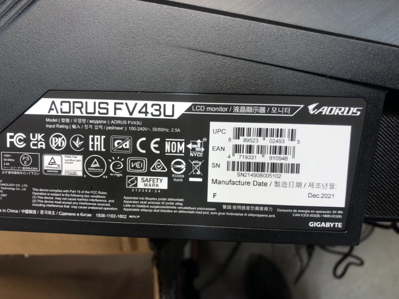 Photo 6 of AORUS FV43U 43" 144Hz 2160p HBR3, NVIDIA G-SYNC Compatible, Exclusive Built-in ANC, 3840x2160 Display, 1ms Response Time, HDR, 96% DCI-P3, 1x DisplayPort 1.4, 2x HDMI 2.1, 2x USB 3.0, 1x USB C
