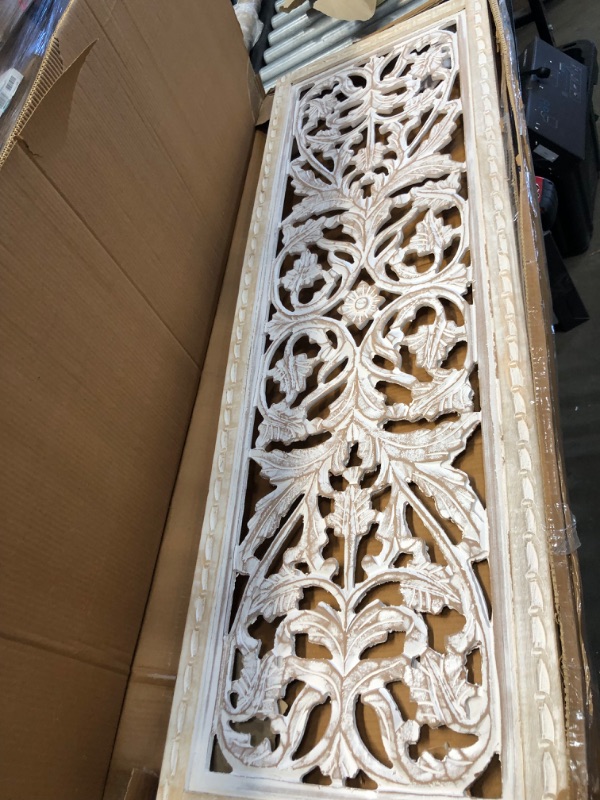 Photo 2 of Benjara Rectangular Wall Panel with Intricate Floral Carvings, Rectangle, Black and Brown Rectangle Black and Brown