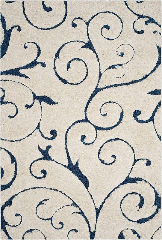 Photo 1 of SAFAVIEH Florida Shag Collection 8' x 10' Cream/Blue SG455 Scrolling Vine Graceful Swirl Textured Non-Shedding Living Room Bedroom Dining Room Entryway Plush 1.2-inch Thick Area Rug
