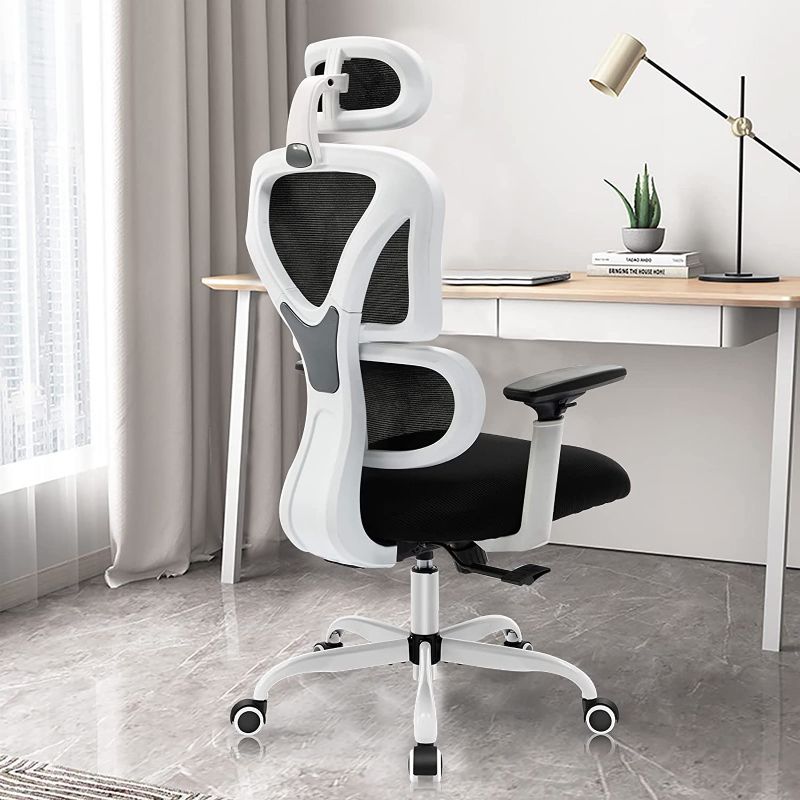 Photo 1 of Ergonomic Office Chair, KERDOM Home Desk Chair, Comfy Breathable Mesh Task Chair, High Back Thick Cushion Computer Chair with Headrest and 3D Armrests, Adjustable Height Home Gaming Chair White
