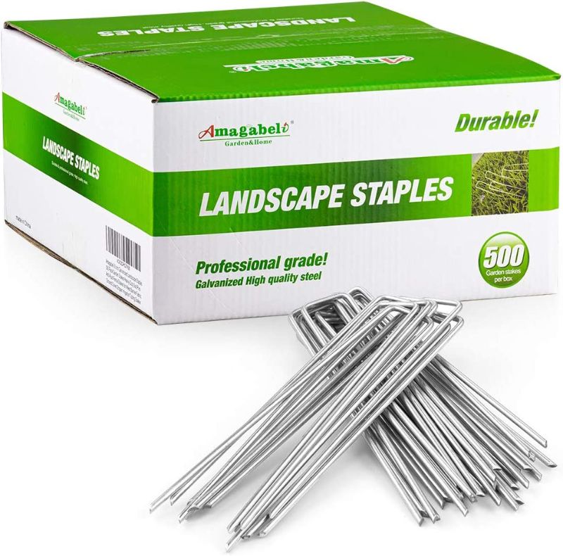 Photo 1 of Amagabeli 6 Inch Garden Stakes Galvanized Landscape Staples 11 Gauge 500 Pack Sod Pins Fence Stakes for Anchoring Weed Barrier Fabric Ground Cover Landscaping Tubing Garden Staples ET006
