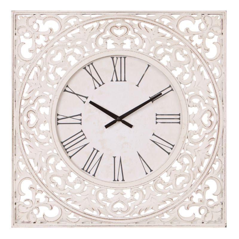 Photo 1 of 24" Distressed White Ornate Wood Carved Wall Clock