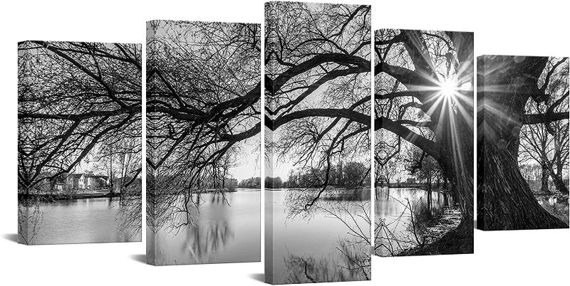 Photo 1 of sechars - 5 Pieces Wall Art,Old Tree by Lake Picture Canvas Prints Sunrise Painting Black and White Landscape Canvas Art,Modern Wall Decoration,Framed and Ready to Hang
