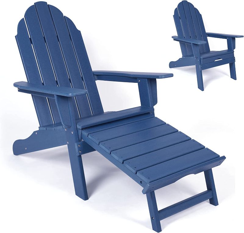 Photo 1 of Adirondack Chair Weather Resistant-Outdoor Fire Pit Chairs - Adirondack Chair with Retractable Ottoman - Patio Chair for Outside, Garden, Backyard, Campfire - Navy Blue
