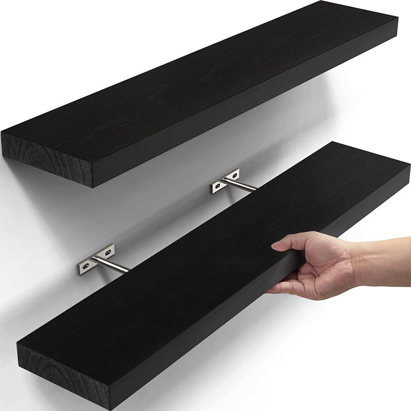 Photo 1 of  Floating Shelves Black, 23 inches Long, Wall Mounted Solid Wood Wall Shelves for Bathroom, Bedroom, Books/Cat/Storage/Decor Shelf with 20lbs Capacity for Kids (Set of 2)
