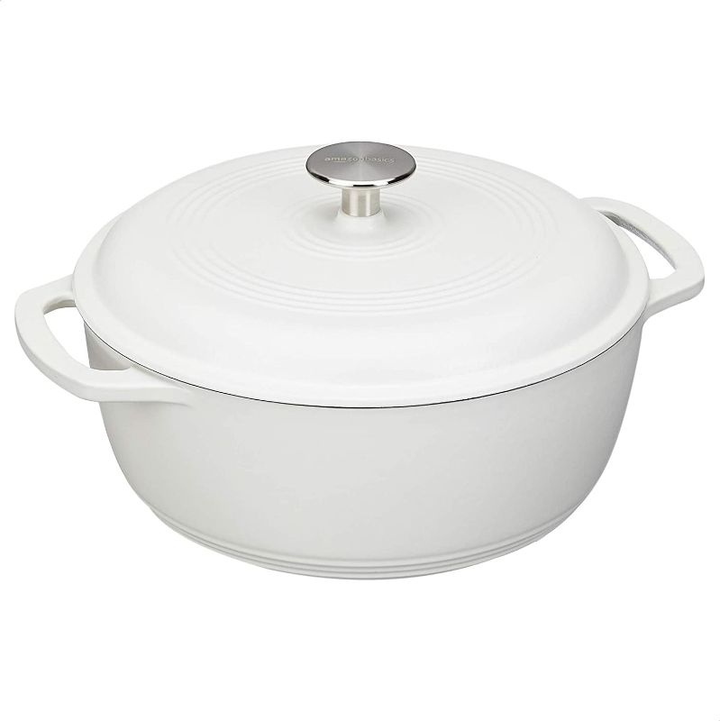 Photo 1 of Amazon Basics Enameled Cast Iron Covered Dutch Oven, 7.3-Quart, Matte White
