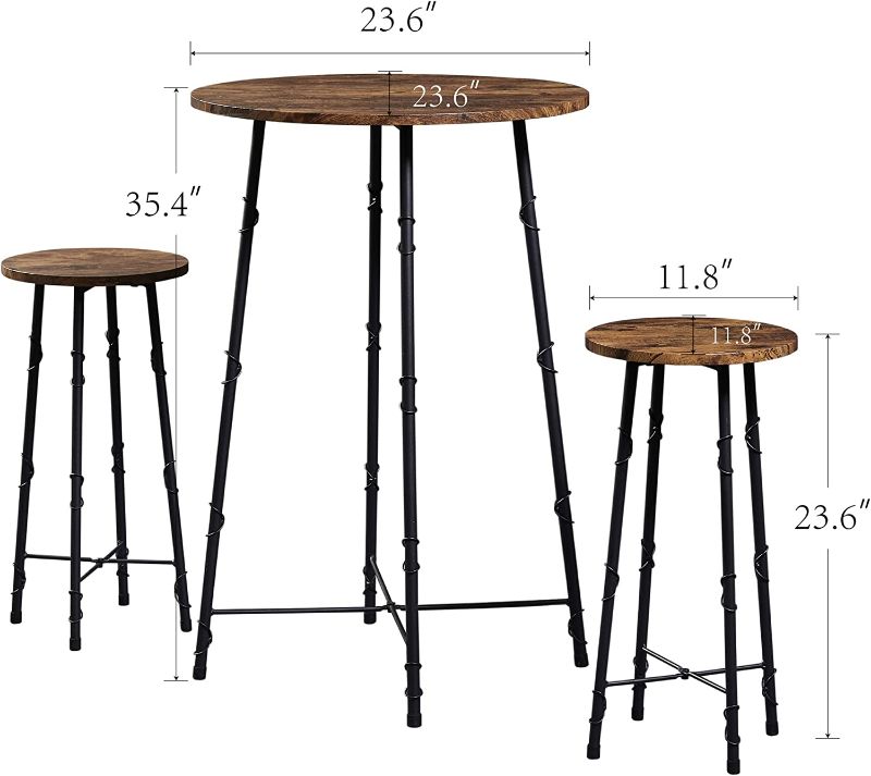 Photo 1 of 
VECELO 3 Piece Round Pub Dining Set, High Top Bar Table and Stools for 2, Bistro Dinette with/Chairs for Small Space, Easy Assembly, Rustic Brown