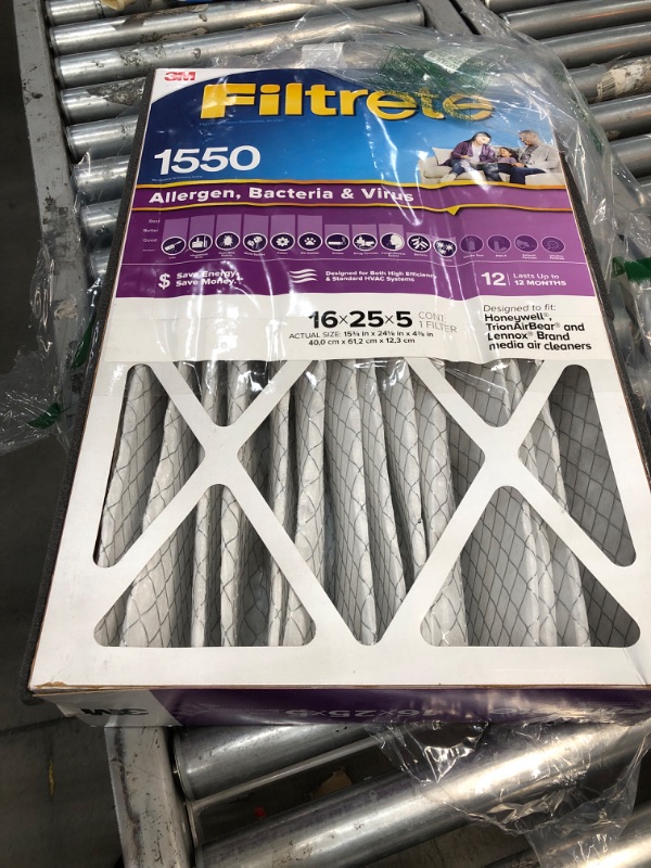 Photo 2 of **MINOR BENDS** Filtrete 16x25x5 Furnace Air Filter MPR 1550 DP MERV 12, Healthy Living Ultra Allergen Deep Pleat, 1-Pack, Fits Lennox & Honeywell Devices (exact dimensions 15.62 x 24.12 x 4.87) 1 Count (Pack of 1) 16x25x5