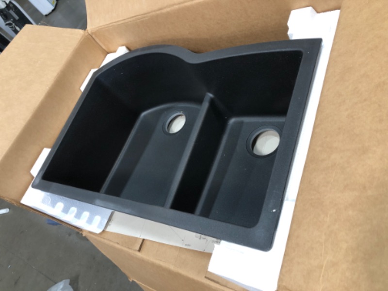 Photo 4 of **MISSING PARTS* Elkay Quartz Classic ELGHU3322RBK0C 33" x 22" x 10", Offset 60/40 Double Bowl Undermount Sink Kit with Aqua Divide, Black Black Sink + Bottom Grid + Drain