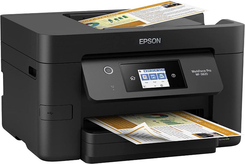 Photo 1 of Epson Workforce Pro WF-3820 All-in-One Wireless Color Inkjet Printer, Black - Print Scan Copy Fax - 2.7" Touchscreen, 21 ppm, 4800 x 2400 dpi, 8.5 x 14, Auto 2-Sided Printing, 35-Sheet ADF, Ethernet
