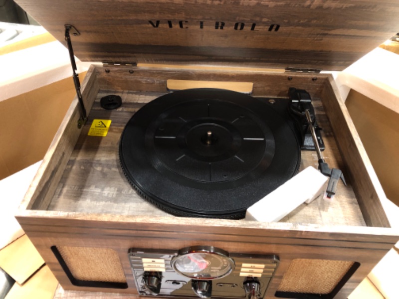 Photo 3 of Victrola Nostalgic 6-in-1 Bluetooth Record Player & Multimedia Center & Cassette Player, AM/FM Radio | Wireless Music Streaming | Farmhouse Shiplap Grey & Wooden Record Crate, Wood Color Farmhouse Shiplap Grey Entertainment Center + Record