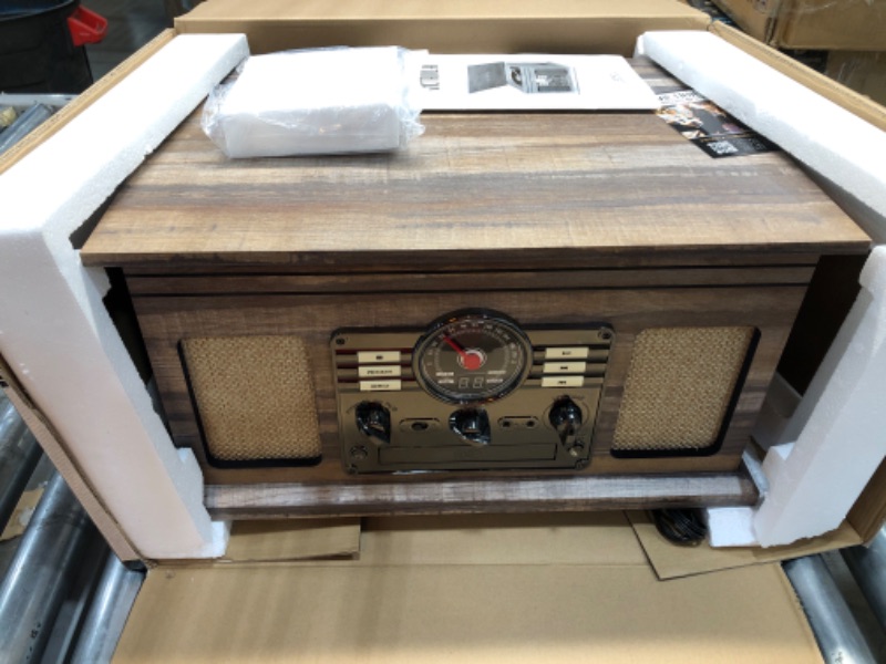 Photo 2 of Victrola Nostalgic 6-in-1 Bluetooth Record Player & Multimedia Center & Cassette Player, AM/FM Radio | Wireless Music Streaming | Farmhouse Shiplap Grey & Wooden Record Crate, Wood Color Farmhouse Shiplap Grey Entertainment Center + Record