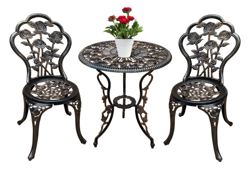 Photo 1 of *PARTS ONLY*- BISTRO TABLE SET, OUTRORA 3 PIECE OUTDOOR PATIO SET RUST-RESISTANT CAST ALUMINUM ANTIQUE BRONZE ROSE DESIGN OUTDOOR TABLE AND CHAIRS FURNITURE WITH UMBRELLA HOLE COPPER1
