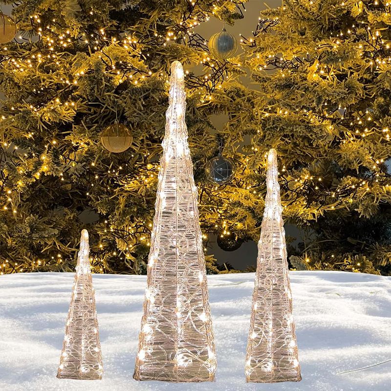 Photo 1 of Acrylic Christmas Figure 3-Pack Pyramid 23.62IN/35.43IN/47.25IN Timer LED Lights Indoor Outdoor Decorations G-B016