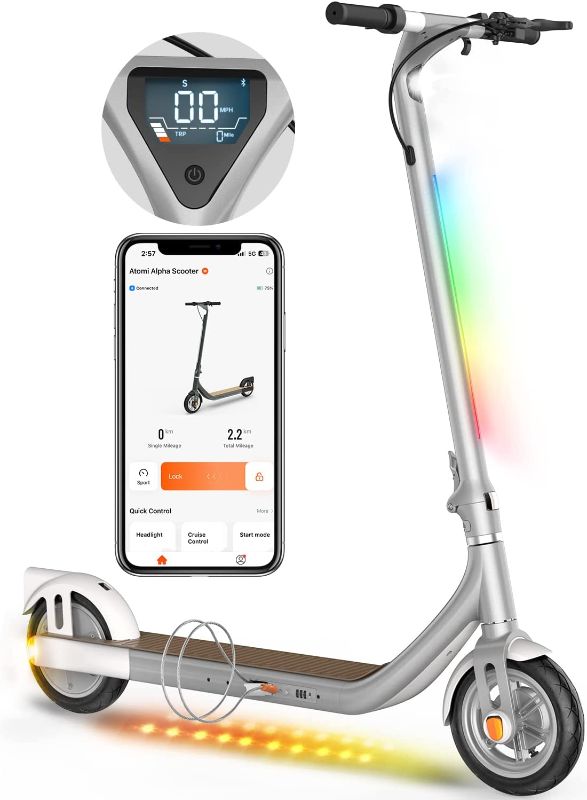 Photo 1 of Atomi Alpha Electric Scooter, 25 Miles Long Range, 19 Mph Speed, 650W, 9 inch Anti-Puncture Tires, Ambient Lights, Combination Lock, Smart App, Folding Portable Electric Kick Scooter for Adults
