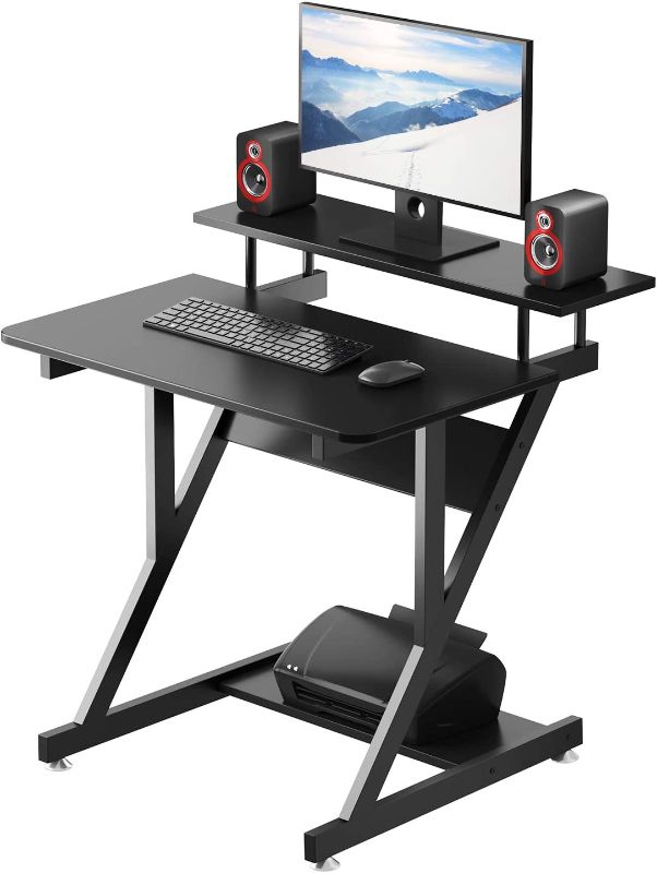 Photo 1 of Dripex Computer Desk for Small Spaces, 27.5 inch Small Computer Desk, 3 Tier Compact Desk with Monitor Shelf and Bottom Storage Shelves, Space Saving Desk, Black
