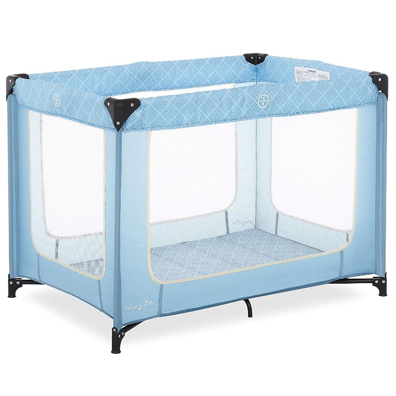 Photo 1 of Dream On Me Zoom Portable Playard in Blue, Lightweight, Packable and Easy Setup Baby Playard, Breathable Mesh Sides and Soft Fabric - Comes with a Removable Padded Mat
