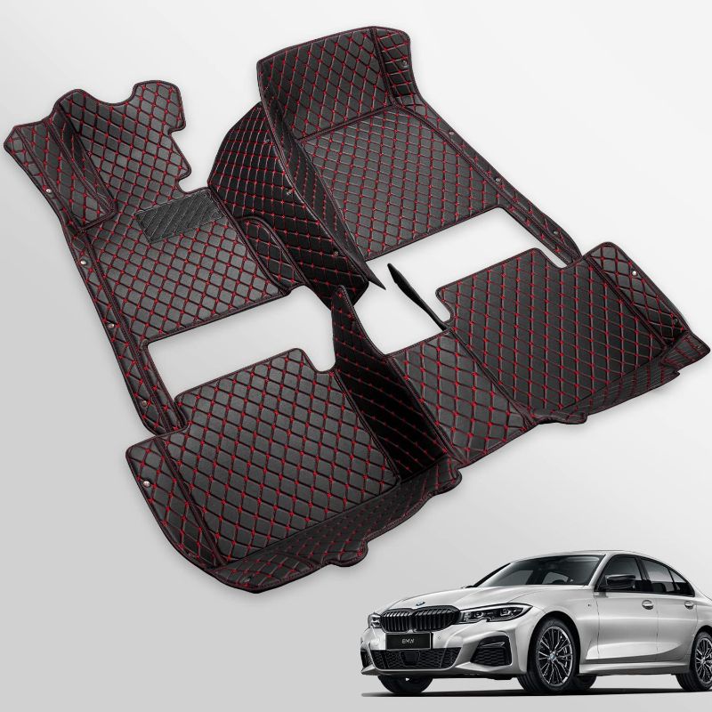 Photo 1 of Castlerock Leather Car Floor Mats for BMW 3 Series/F30 Sedan 2012 2013 2014 2015 2016 2017 2018 (Red Seam)
