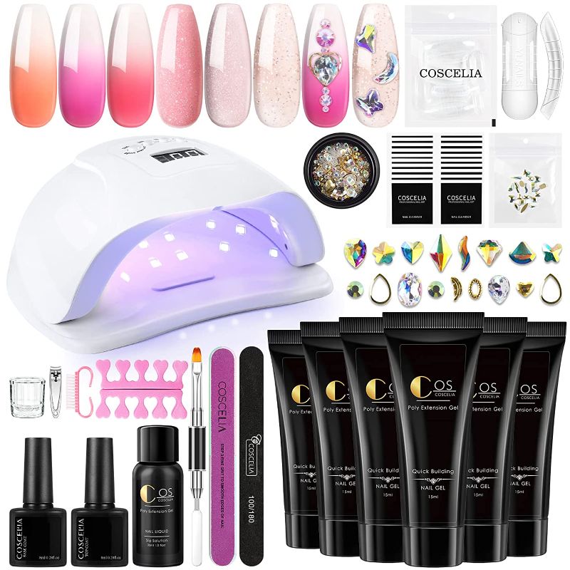 Photo 1 of Poly Nail Gel Kits With 80W U V Light Starter Kit 6Pcs Temperature Color Changing Glitter Poly Gel Nail Extension Set with Slip Solution Rhinestones Nail Art Manicure Tools Set for beginners DIY Home
