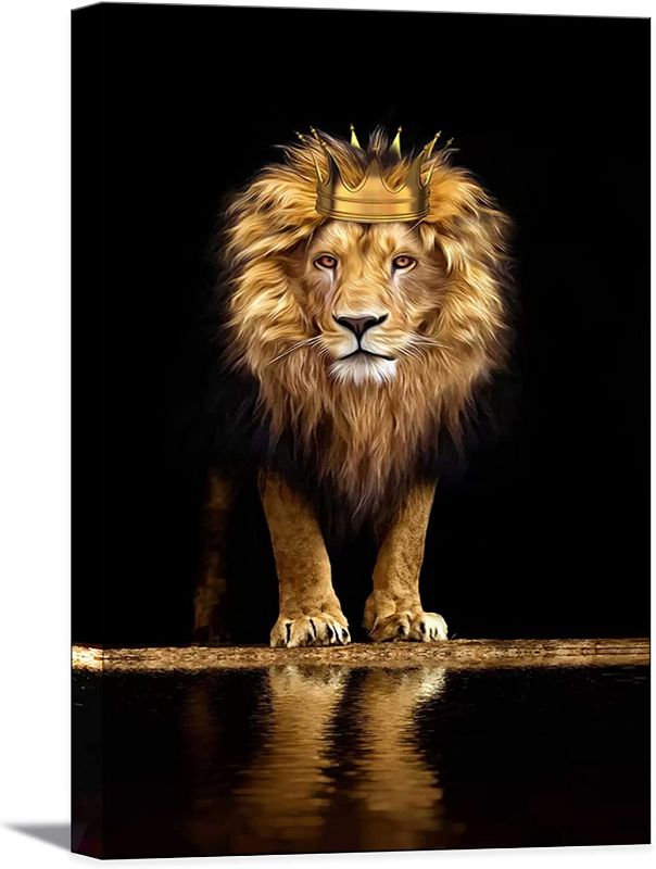 Photo 1 of Lion Animal Canvas Print Wall Art Honorable and confident With Crown Black and Gold Framed and Stretched Pictures for Living Room Bedroom Home Office Wall Decor Artwork,Bedroom Decor for Men Gift
