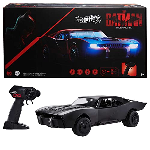 Photo 1 of Hot Wheels R/C the Batman Batmobile, Remote-Controlled 1:10 Scale Toy Vehicle from the Movie, USB Rechargeable Controller, Gift for Fans of Cars & Com
