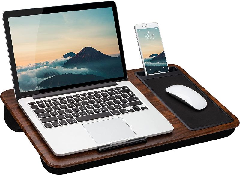 Photo 1 of LapGear Home Office Lap Desk with Device Ledge, Mouse Pad, and Phone Holder - Espresso Woodgrain - Fits up to 15.6 Inch Laptops - Style No. 91575
