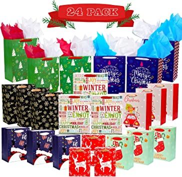 Photo 1 of 24 PCS Christmas Gift Bags Assorted Sizes with Tissue Paper, Includes 6 Extra Large, 9 Large, 9 Medium with Ribbon Handles, Gift Bags Christmas for Wrapping Holiday Gifts, Holiday Present Wrap Décor
