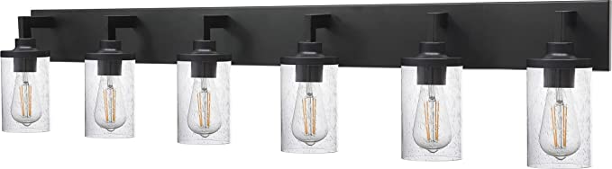 Photo 1 of 6 Light VINLUZ Vanity Light Fixture Industrial Metal Wall Mount Lighting in Black Finish,Seedy Glass Shade Bathroom Lights Over Mirror
