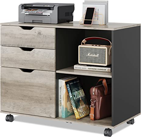 Photo 1 of DEVAISE 3-Drawer Wood File Cabinet, Mobile Lateral Filing Cabinet, Printer Stand with Open Storage Shelves for Home Office, Greige Size: 15.7"D x 31.5"W x 23.6"H
