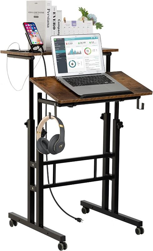 Photo 1 of **PARTS ONLY, NOT FUNCTIONAL**
SIDUCAL Mobile Stand Up Desk, Adjustable Laptop Desk with Wheels Home Office Workstation, Rolling Table Laptop Cart for Standing or Sitting, Rustic Brown