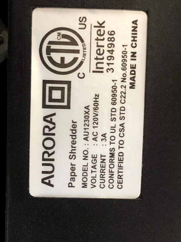 Photo 4 of **NOT FUNCTIONAL, PART ONLY**
Aurora AU1230XA Anti-Jam 12-Sheet Crosscut Paper and Credit Card Shredder with 5.2-gallon Wastebasket

