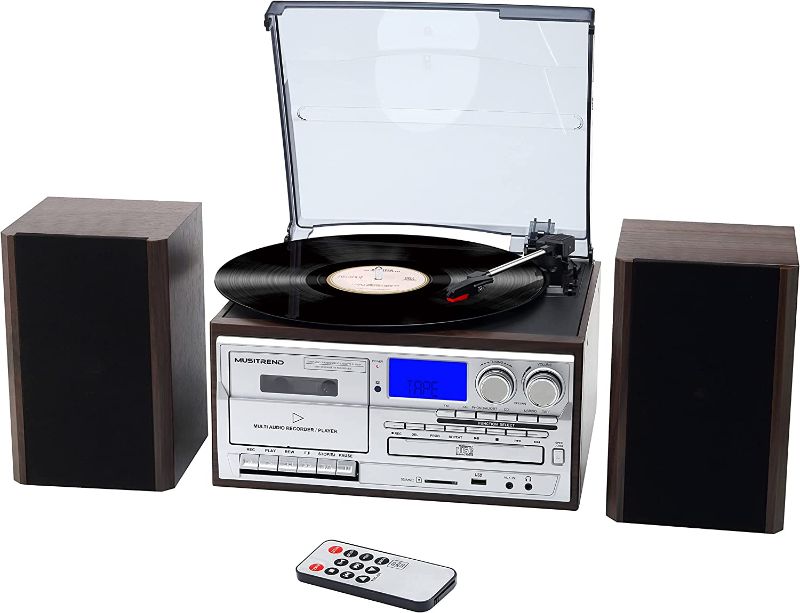 Photo 1 of MUSITREND 10 in 1 Record Player with External Speakers,3 Speed Bluetooth Turntable Vinyl Player with CD/Cassette Play,AM/FM Radio, USB/SD Encoding,Aux-in/RCA Line Out
