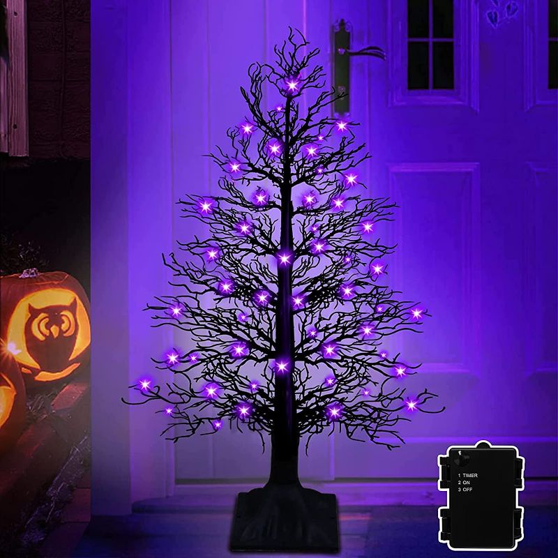 Photo 1 of 3 Ft Halloween Tree Black Spooky Decorations 48 LED Purple Lights & 12 DIY Spiders Waterproof Battery Operated Artificial Lighted Tree Halloween Decor Indoor Yard Garden
