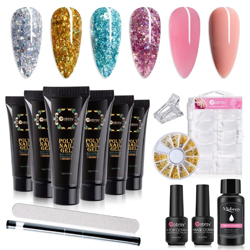 Photo 1 of Mobray Poly Nail Gel Kit, 6 Colors Nude Glitter Gold Silver Blue Poly Poly Nail Gel Set with Poly Brush Slip Solution Gel and Base Coat for DIY Nail Art.
